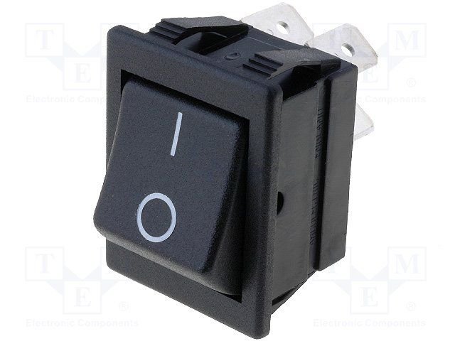 Taustiņslēdzis DPST, ON-OFF, 15A/230VAC, 20A/28VDC, 33.4x25x27.3mm, melnā krasa, ar fiksāciju