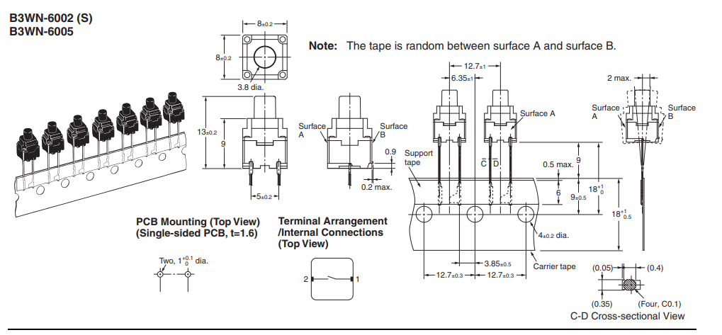 Mikroslēdzejs horizontāls, SPST-NO, OFF-(ON), 0.05A/12VDC, THT, 8x8x9mm, 1.96N, L=4mm, IP67, 2pin, OMRON