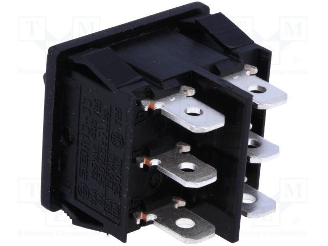 Taustiņslēdzis DPDT, ON-ON, 6A/250VAC, 6A/125VAC, 21x24.3x28mm, melnnā krasa, ar fiksāciju