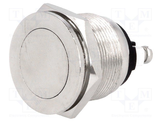 Poga M19x24mm, SPST-NO, OFF-(ON), 2A/250VAC, IP40, metalā, antivandalā, bez fiksacijas