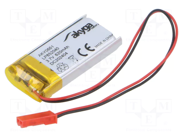 Akumulators Li-pol, 3.7V/620mAh, konn+sock2.54*2pins, 8.5x20x40mm