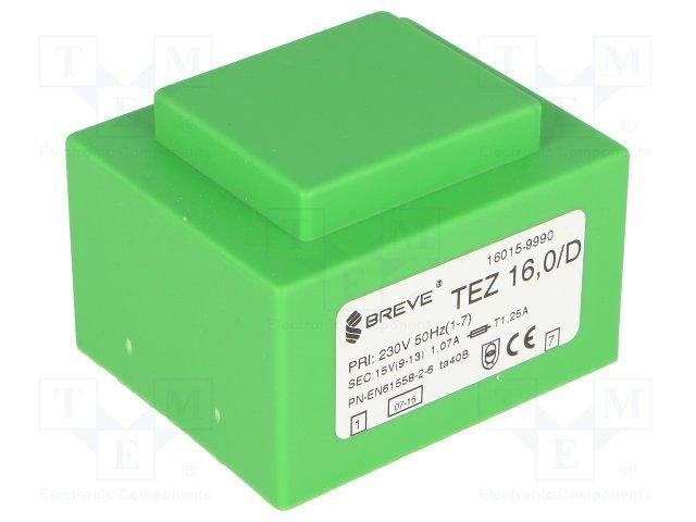 Transformators 220V=>15V, 1070mA, 16VA, 57x47x39mm