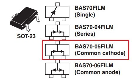 BAS70-05(D97), SMD, 2xDiodes Schottky, 70V, 2x0.035A, 5ns, (Anod-Katod-Anod) (---|>|---/---|<|---), SOT23