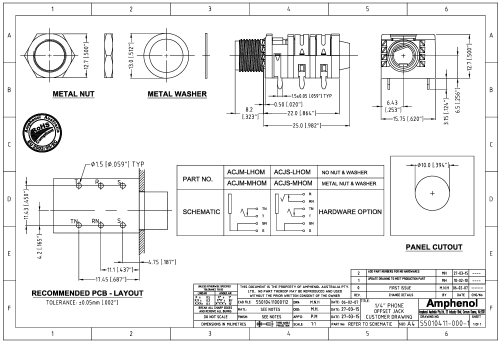 6.35mm ligzda, stereo, plastmasas, THT, skrūvejamas šasijai M9, metāla uzgrieznis, 2 x on/off, AMPHENOL