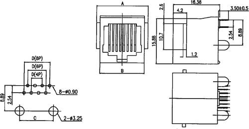 RJ12(6/6) ligzda uz šasija, taisns, THT