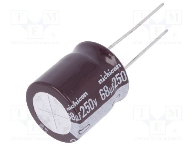 68/250V, 105C, Ø18x20mm, ±20%, Kondensators elektrolītisks, 12000h, NICHICON, ar lokaniem izvadiem