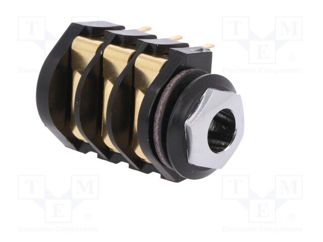 6.35mm ligzda, stereo, plastmasas, THT, skrūvejamas šasijai M9, plastmasu uzgrieznis sudrabots, 2 x on/of, CLIFF