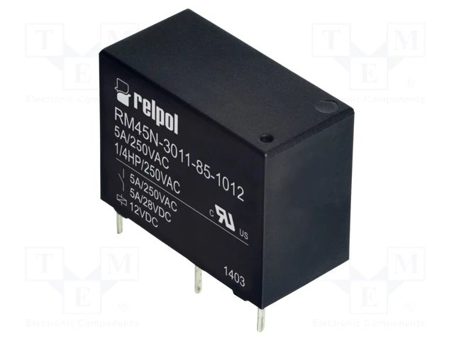 Relejs DC12V, SPDT, 5A/250VAC, 5A/30VDC, 320Ω(37.5mA), viens kontakts uz pārslēgšanu, 20.5x10.6x15.6mm, RELPOL