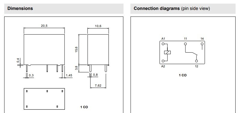 Relejs DC12V, SPDT, 5A/250VAC, 5A/30VDC, 320Ω(37.5mA), viens kontakts uz pārslēgšanu, 20.5x10.6x15.6mm, RELPOL