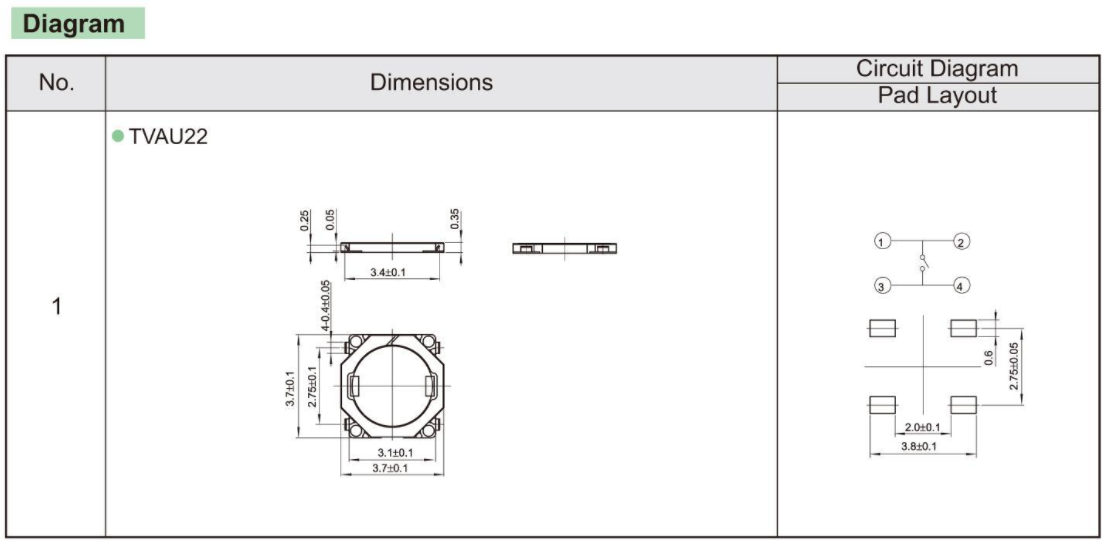 Mikroslēdzejs horizontāls, SPST-NO, OFF-(ON), 0.05A/12VDC, SMD, 3.7x3.7x0.35mm, 4 izvadi