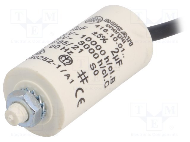 2.0/425VAC+cable elektromotoru kondensators, ±5%, Ø28x55mm, M8, 10000h, DUCATI ENERGIA