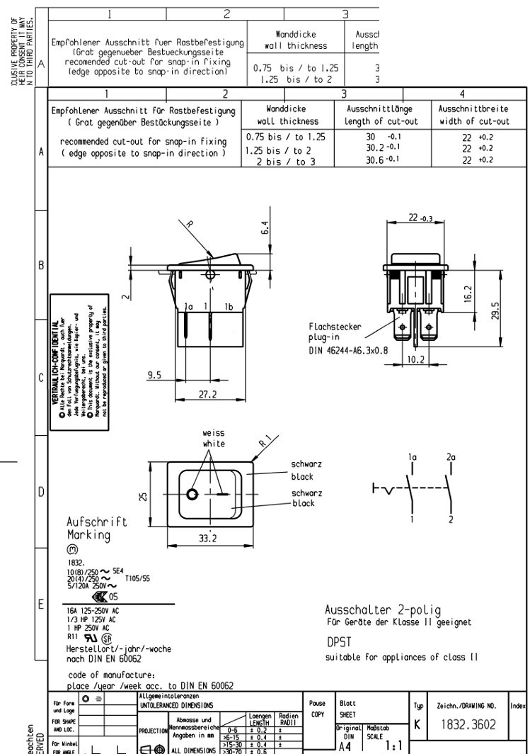 Taustiņslēdzis DPST, OFF-ON, 20A/250VAC, 31.5x25x16.20mm, IP40, (O-I), 6.3x0.8mm, melnā krasa, ar fiksāciju, Marquardt