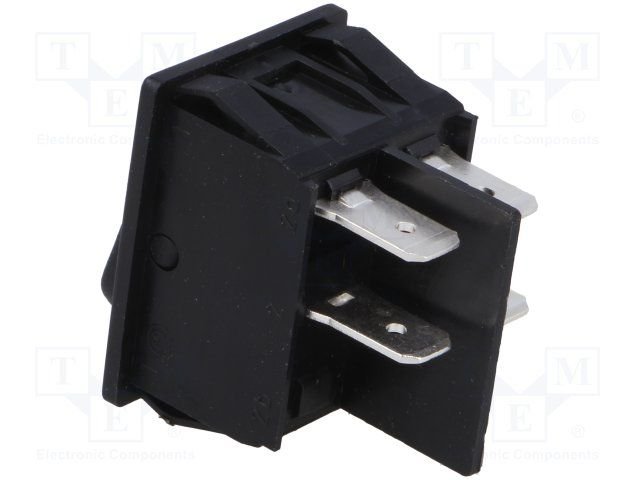 Taustiņslēdzis DPST, OFF-ON, 20A/250VAC, 31.5x25x16.20mm, IP40, (O-I), 6.3x0.8mm, melnā krasa, ar fiksāciju, Marquardt