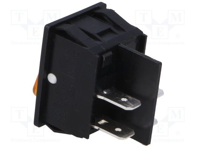 Taustiņslēdzis DPST, OFF-ON, 20A/250VAC, 31.5x25x16.20mm, IP40, (O-I), 6.3x0.8mm, dzeltenā krasa, apgaismošana 230VAC, ar fiksāciju, Marquardt