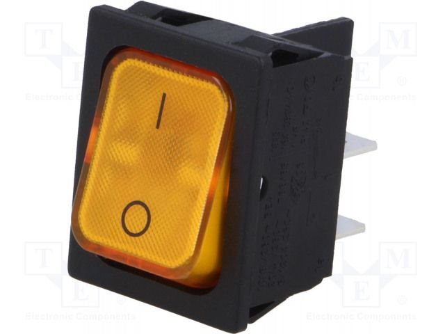 Taustiņslēdzis DPST, OFF-ON, 20A/250VAC, 31.5x25x16.20mm, IP40, (O-I), 6.3x0.8mm, dzeltenā krasa, apgaismošana 230VAC, ar fiksāciju, Marquardt