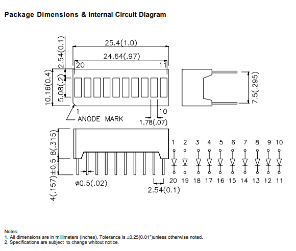 10LED skala, 25.4x10.16mm, dzeltena krasa