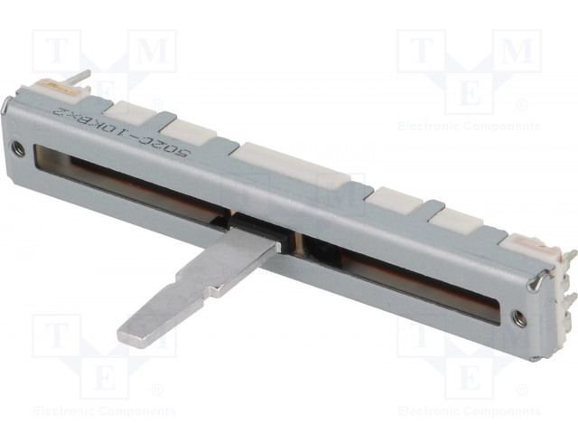 10K, slīdbīnžu potenciometrs, lineare atkarība, STEREO, metalisks, 125mW, 60x8x7mm