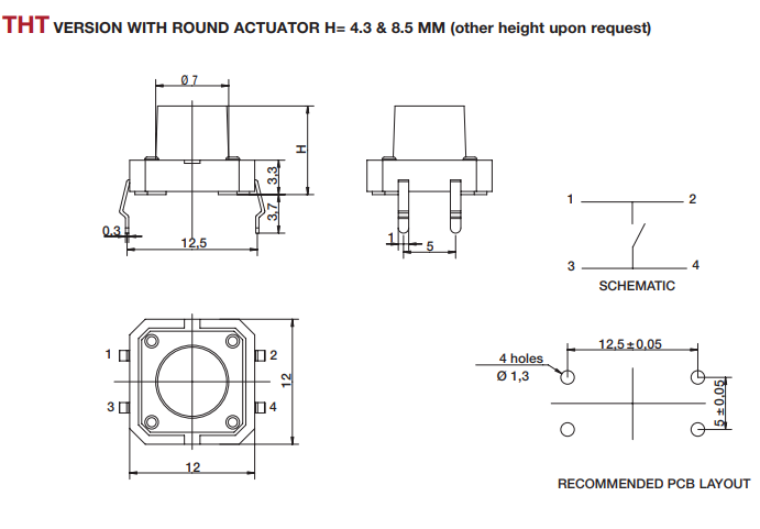 Mikroslēdzejs horizontāls, SPST-NO, OFF-(ON), 0.05A/12VDC, THT, 12x12x4mm, 1.8N, L=4.5mm