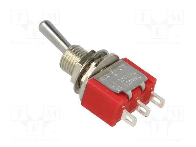 Tumblers, SP3T, ON-OFF-ON, 2A/250VAC, 5A/28VDC,  lodēšanai, M6, 12.7x6.86x8.89mm, viens kontakts uz trīm stavoklim, ar fiksaciju, apaļš rokturis