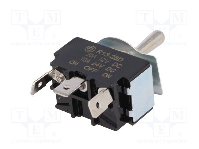 Tumblers, SP3T, ON-OFF-ON, 20A/12VDC, konektori 6.3mm, M12, 33.2x19x19mm, ar fiksaciju