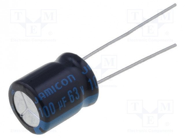 100/63V, 105C, Ø10x12.5mm, ±20%, Kondensators elektrolītisks, 2000h, JAMICON, ar lokaniem izvadiem