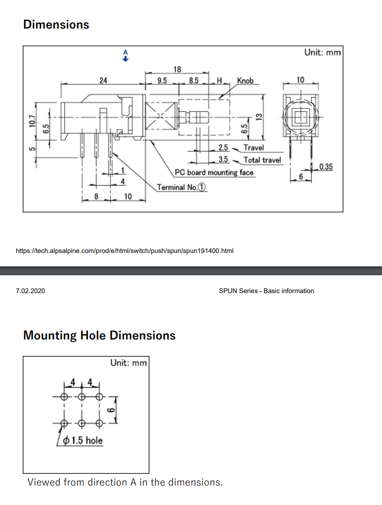 Poga DPDT, OFF-ON, 0.1A/30VDC, THT, 33.5x10x13mm, solis 7x4mm, ar fiksaciju, uz saslēgšanu
