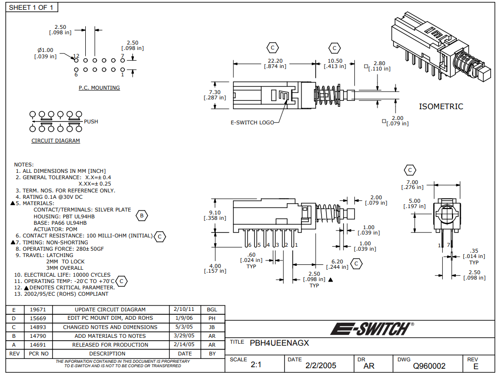 Poga 4PDT, ON-ON, 0.1A/30VDC, THT, 7.3x7x22.2mm, solis 2.5x2.5mm, ar fiksaciju