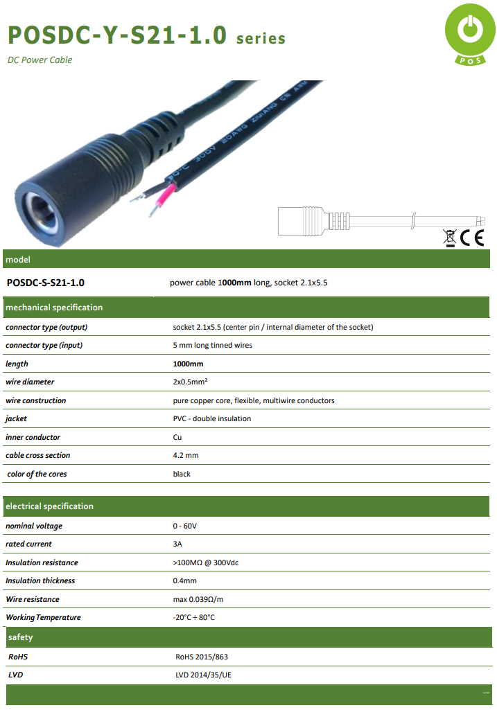 2.1*5.5mm, L=11mm, ligzda, 60V/3A, 0.5mm2, ar vadu 1m
