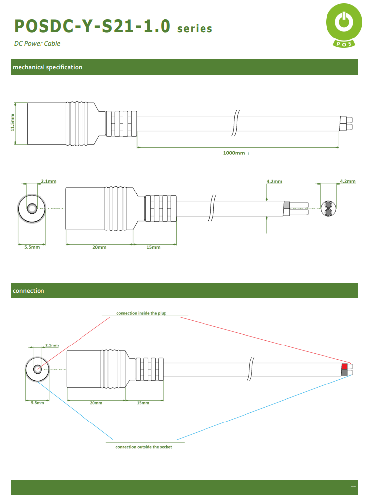 2.1*5.5mm, L=11mm, ligzda, 60V/3A, 0.5mm2, ar vadu 1m