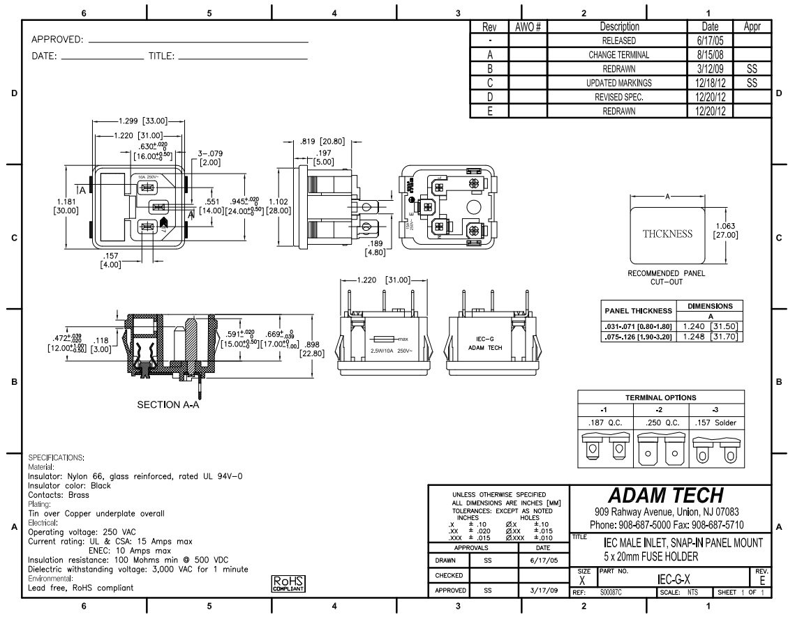 Tikla štekers, 250VAC, 10A, C14(E), + drošinātājs, ar sprūdiem, šasijai