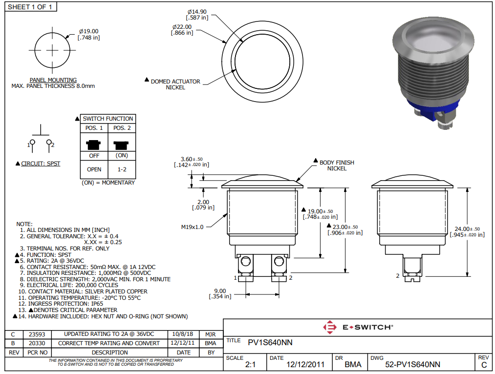 Poga M19x24mm, SPST-NO, OFF-(ON), 2A/36VDC, IP65, metalā, antivandalā, bez fiksacijas