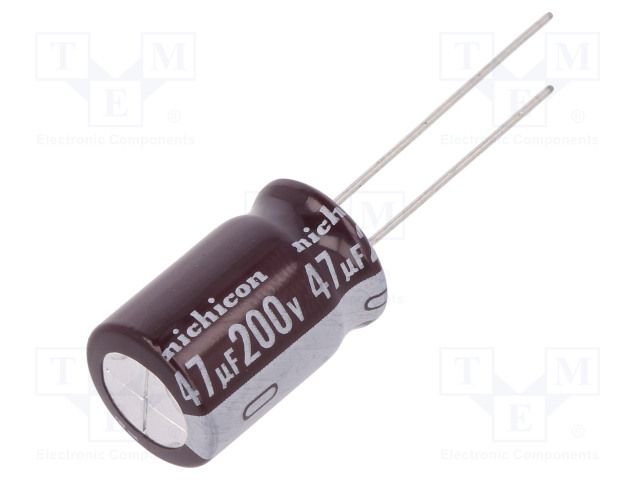 47/200V, 105C, Ø10*20mm, ±20%, Kondensators elektrolītisks, 12000h, NICHICON, ar lokaniem izvadiem