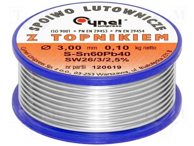 3mm 60Sn/40Pb 100g Lodalva ar flusu F-SW26, No Clean, 2.5%, 190°C