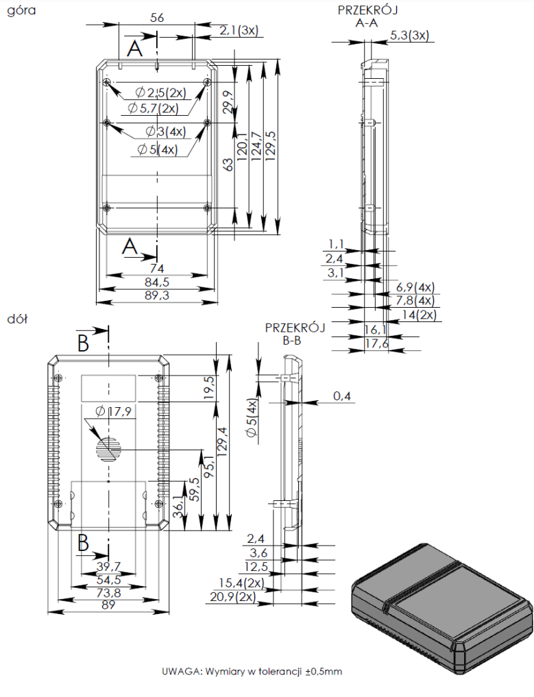 Plastmasas korpuss, 89x129.5x17.5mm, ABS, melnā krasa, ar vāku baterijai