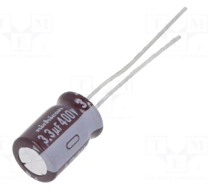 3.3/400V, 105C, Ø8x11.5mm, ±20%, Kondensators elektrolītisks, 15000h, NICHICON, ar lokaniem izvadiem