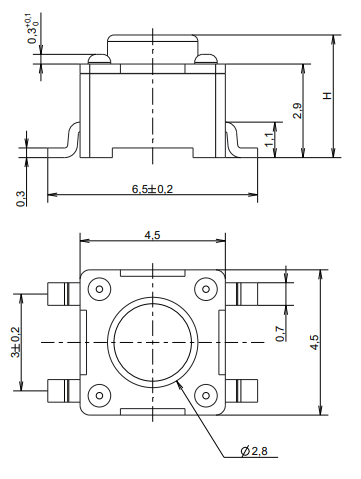 Mikroslēdzejs horizontāls, 4.5x4.5x2.9mm, SPST-NO, OFF-(ON), SMD, 0.05A/12VDC, 1N, L=4.1mm