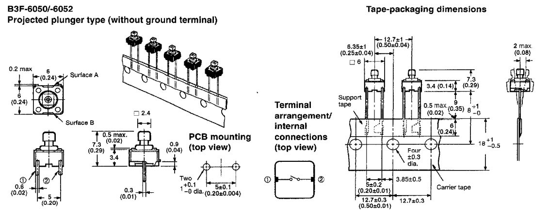 Mikroslēdzejs horizontāls, 6x6x4mm, SPST-NO, OFF-(ON), THT, 0.05A/24VDC, 0.98N, L=3.5mm, garie izvadi, 2pin, OMRON
