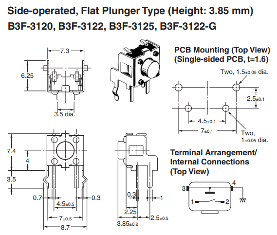 Mikroslēdzejs leņķisks, SPST-NO, OFF-(ON), 0.05A/24VDC, THT, 6x6x4mm, 1.47N, L=1.5mm, ar zeme, OMRON