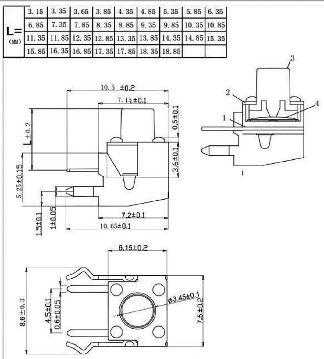 Mikroslēdzejs leņķisks, SPST-NO, OFF-(ON), 0.05A/12VDC, THT, 6x6x4mm, 1.6N, L=6mm, ar zeme