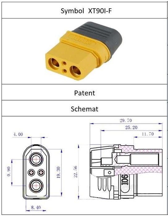 2Pin, XT90, "mama", 500V, 40A, 10AWG, lodejama vadam, pelēks korpuss