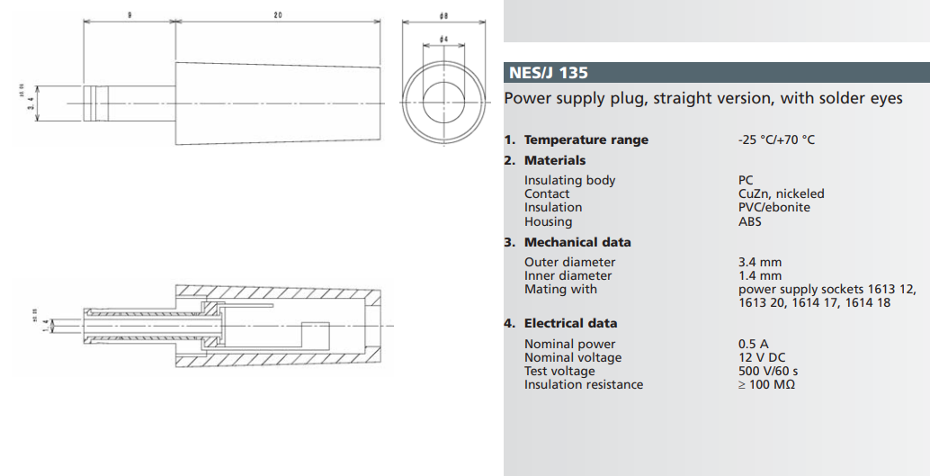 3.4x1.3mm, L=9mm, štekers, lodējams, uz vadu, 0.5A/12VDC, LUMBERG