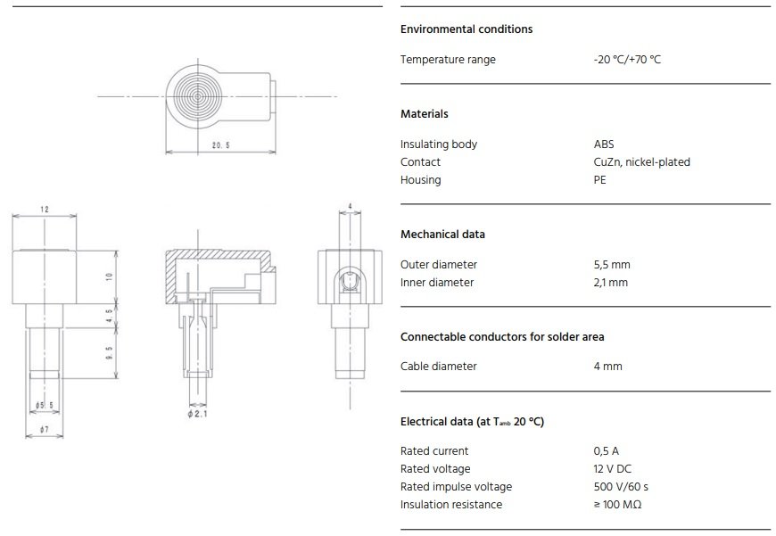5.5x2.1mm, L=9.5mm, štekers, lodējams, uz vadu, leņķisks, LUMBERG