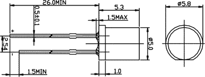 5mm, sarkana, 1560...2180mcd, 140°, 1.8...2.6V/20mA, 620-630nm, gaismas diode, plakana