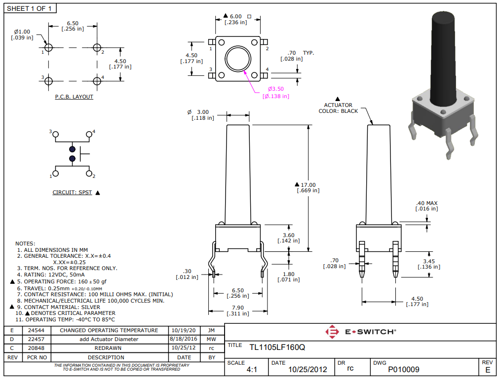 Mikroslēdzejs horizontāls, 6x6x4mm, SPST-NO, OFF-(ON), THT, 0.05A/12VDC, 1.57N, L=13mm