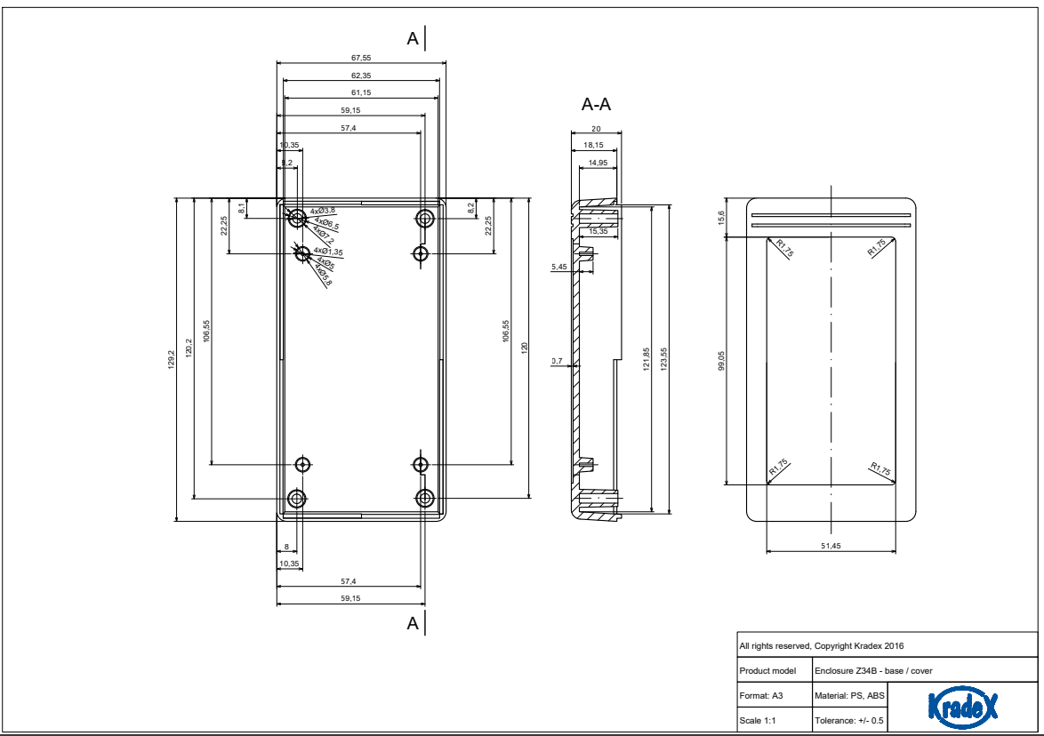 Plastmasas korpuss, 36x67x129mm, ABS, melnā krasa