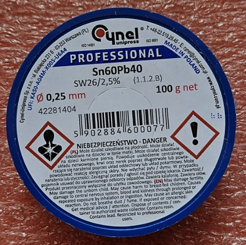 0.25mm 60Sn/40Pb 100g Lodalva ar flusu F-SW26, No Clean, 2.5%, 190°C