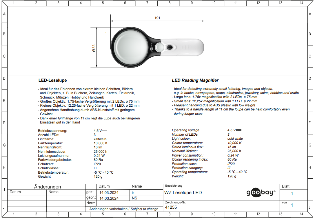 Lupa rokas x3 ar apgaismošanu, Ø75mm/Ø22mm, L=191, 3 baterijas 1.5V LR03 (AAA)