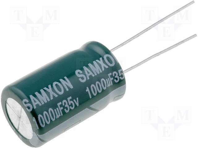 1000/35V, 105C, Ø12.5x20mm, ±20%, Kondensatori zemas induktivitātes, 4000h, Samxon, ar lokanien izvadiem