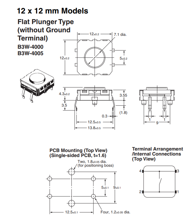 Mikroslēdzejs horizontāls, SPST-NO, OFF-(ON), 0.05A/24VDC, THT, 12x12x4.3mm, 1.96N, L=0.3mm,  IP67, OMRON