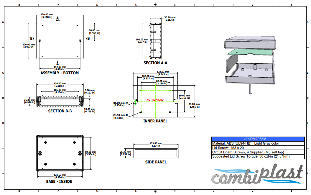 Plastmasas korpuss, 100x130x30mm, IP43, ABS, pelēkā krasa
